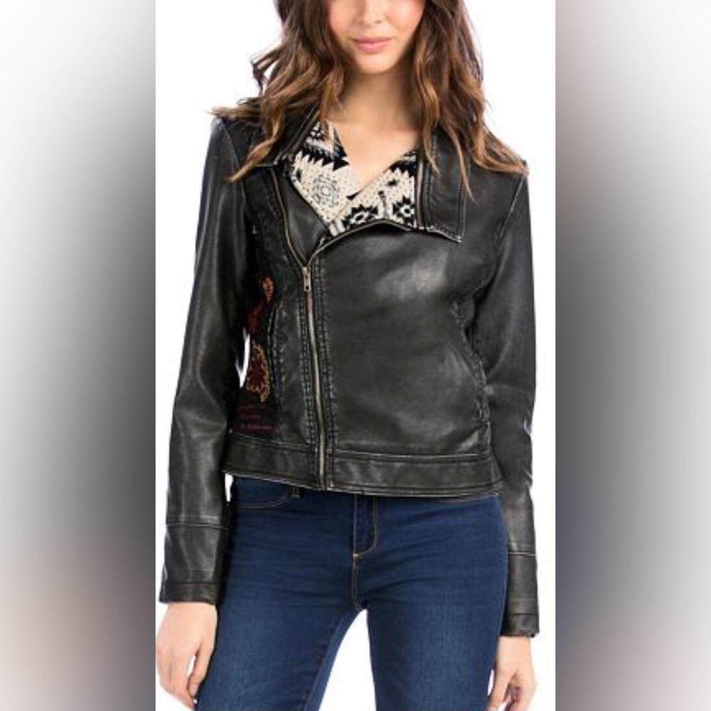 Desigual, Embroidered Black Faux Leather Jacket, Size 36